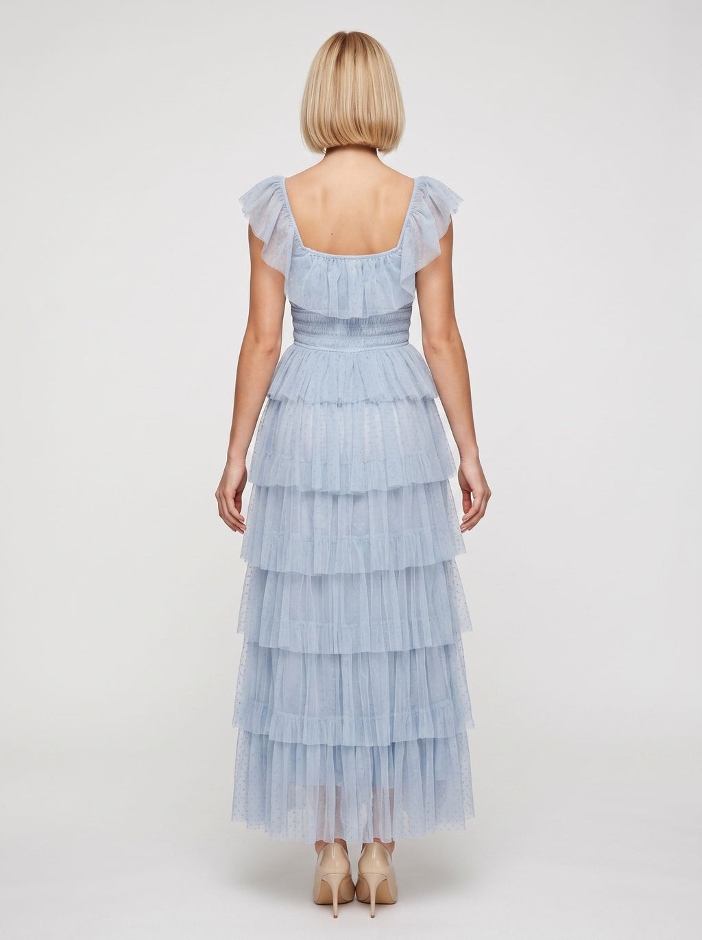 Mist Tulle A-Line Square Neck Backless Ankle-Length Dress with Tiered Ruffle Skirt and Front Cut-out - Curvevia