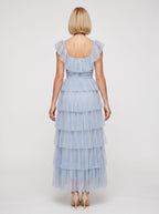 Mist Tulle A-Line Square Neck Backless Ankle-Length Dress with Tiered Ruffle Skirt and Front Cut-out - Curvevia