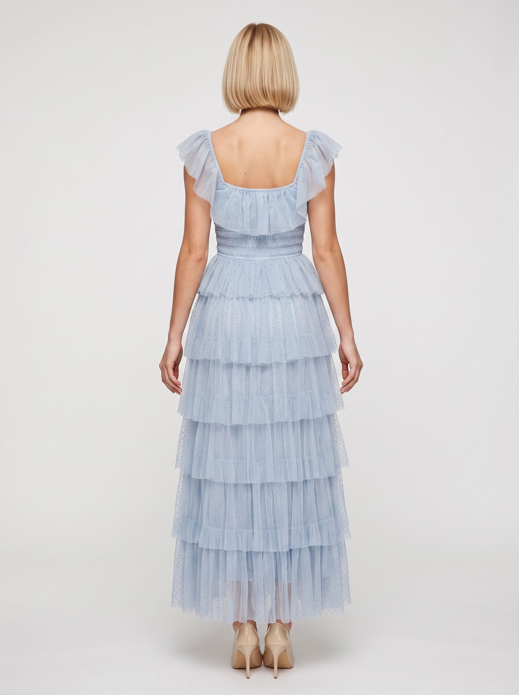 Mist Tulle A-Line Square Neck Backless Ankle-Length Dress with Tiered Ruffle Skirt and Front Cut-out - Curvevia