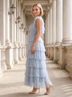 Mist Tulle A-Line Square Neck Backless Ankle-Length Dress with Tiered Ruffle Skirt and Front Cut-out - Curvevia