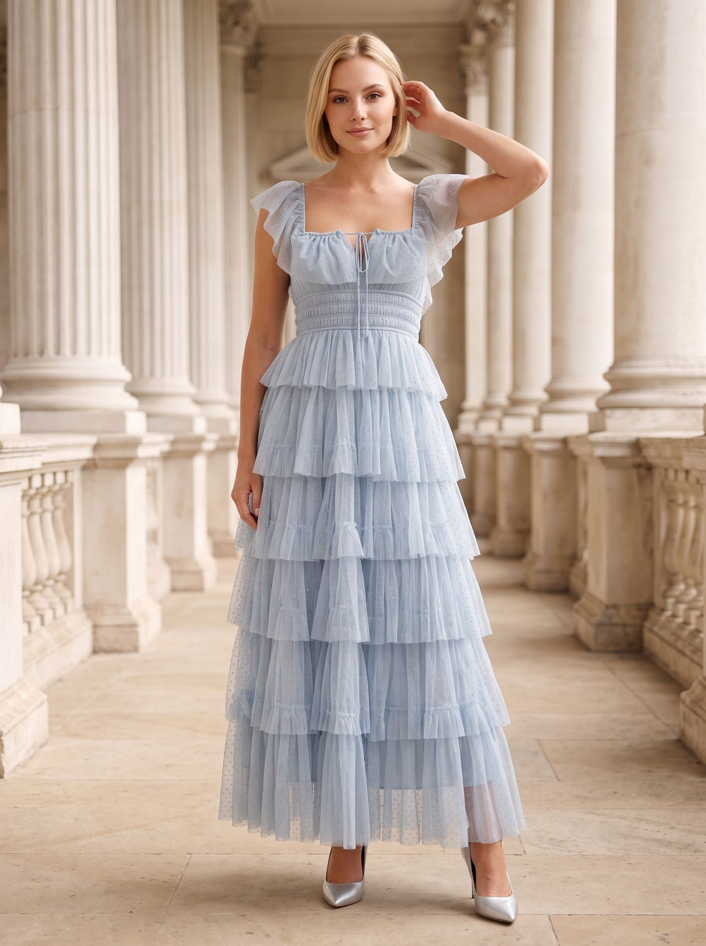Mist Tulle A-Line Square Neck Backless Ankle-Length Dress with Tiered Ruffle Skirt and Front Cut-out - Curvevia
