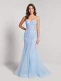 Sky Blue Tulle Trumpet Sweetheart Lace-up Floor-Length Dress with Sequin Embroidery and Sweep Train - Curvevia