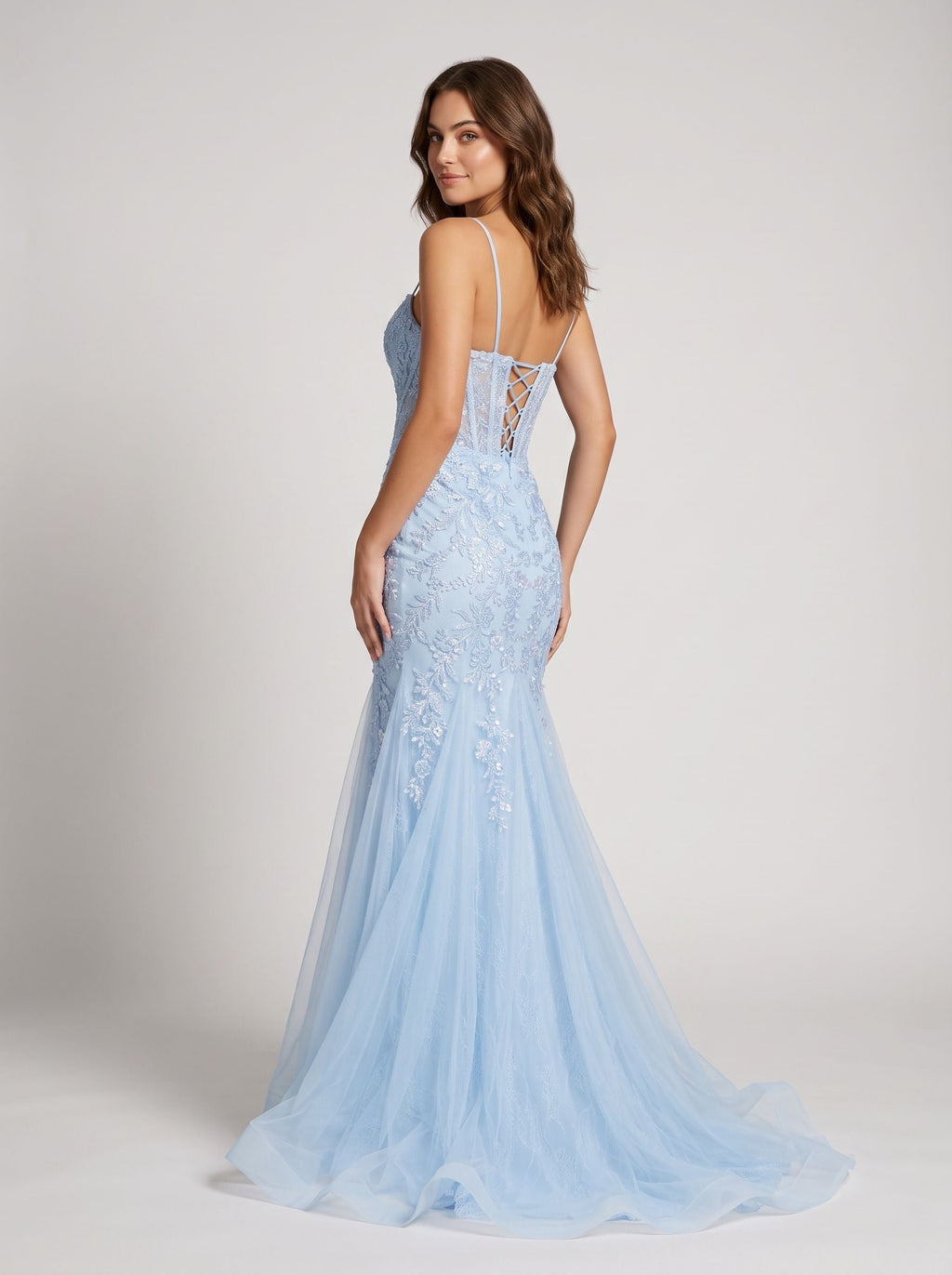 Sky Blue Tulle Trumpet Sweetheart Lace-up Floor-Length Dress with Sequin Embroidery and Sweep Train - Curvevia