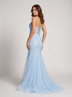 Sky Blue Tulle Trumpet Sweetheart Lace-up Floor-Length Dress with Sequin Embroidery and Sweep Train - Curvevia