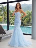 Sky Blue Tulle Trumpet Sweetheart Lace-up Floor-Length Dress with Sequin Embroidery and Sweep Train - Curvevia
