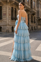 Sweetheart Light Blue Lace Appliques Ruffle Long Formal Gown - Curvevia