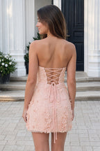 Pink 3D Flower Sequin Sweetheart Sheath Homecoming Dress - Curvevia