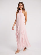 Blushing Pink Chiffon A-Line Halter neckline Back Zip Floor-Length Dress with 3D Flowers and Ruffles - Curvevia