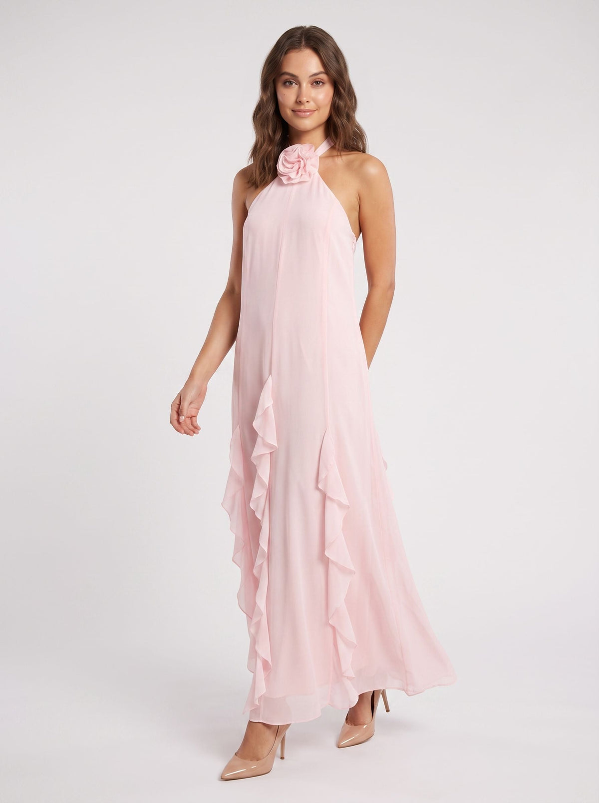 Blushing Pink Chiffon A-Line Halter neckline Back Zip Floor-Length Dress with 3D Flowers and Ruffles - Curvevia