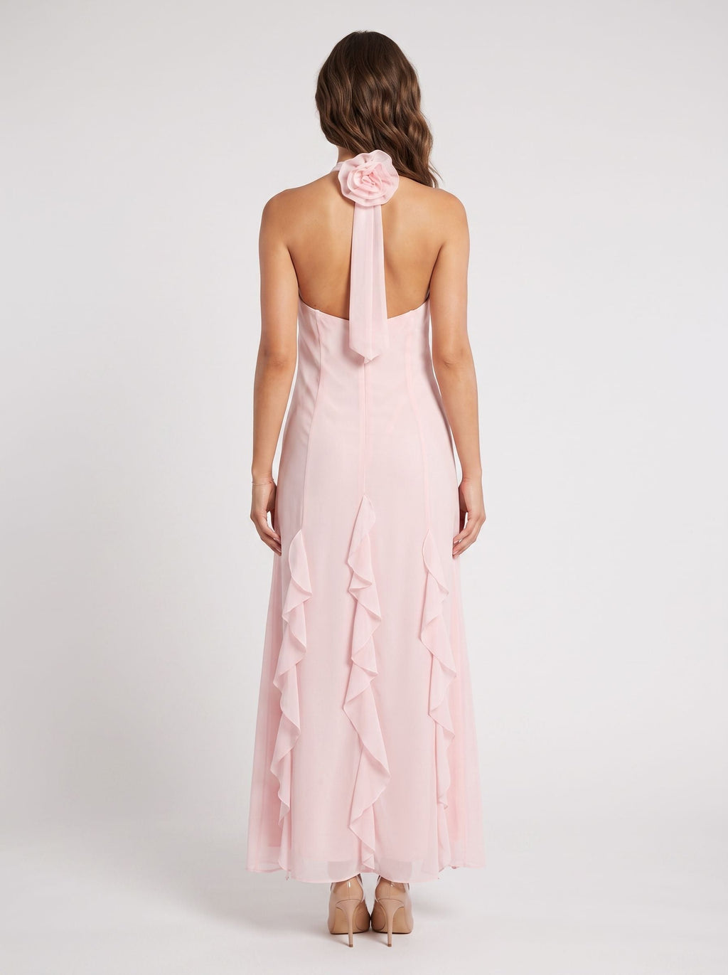 Blushing Pink Chiffon A-Line Halter neckline Back Zip Floor-Length Dress with 3D Flowers and Ruffles - Curvevia