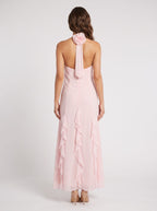 Blushing Pink Chiffon A-Line Halter neckline Back Zip Floor-Length Dress with 3D Flowers and Ruffles - Curvevia
