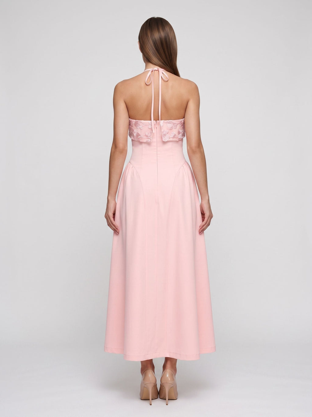 Blushing Pink Matte Satin A-Line Halter neckline Back Zip Floor-Length Dress with Foldover floral embroidered bust - Curvevia
