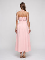 Blushing Pink Matte Satin A-Line Halter neckline Back Zip Floor-Length Dress with Foldover floral embroidered bust - Curvevia