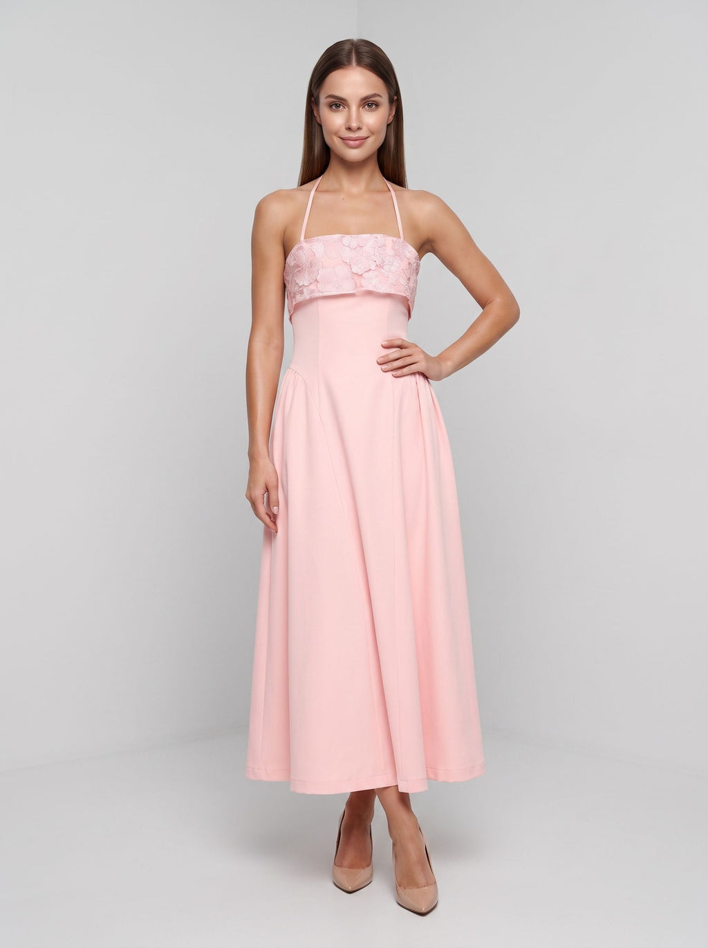 Blushing Pink Matte Satin A-Line Halter neckline Back Zip Floor-Length Dress with Foldover floral embroidered bust - Curvevia