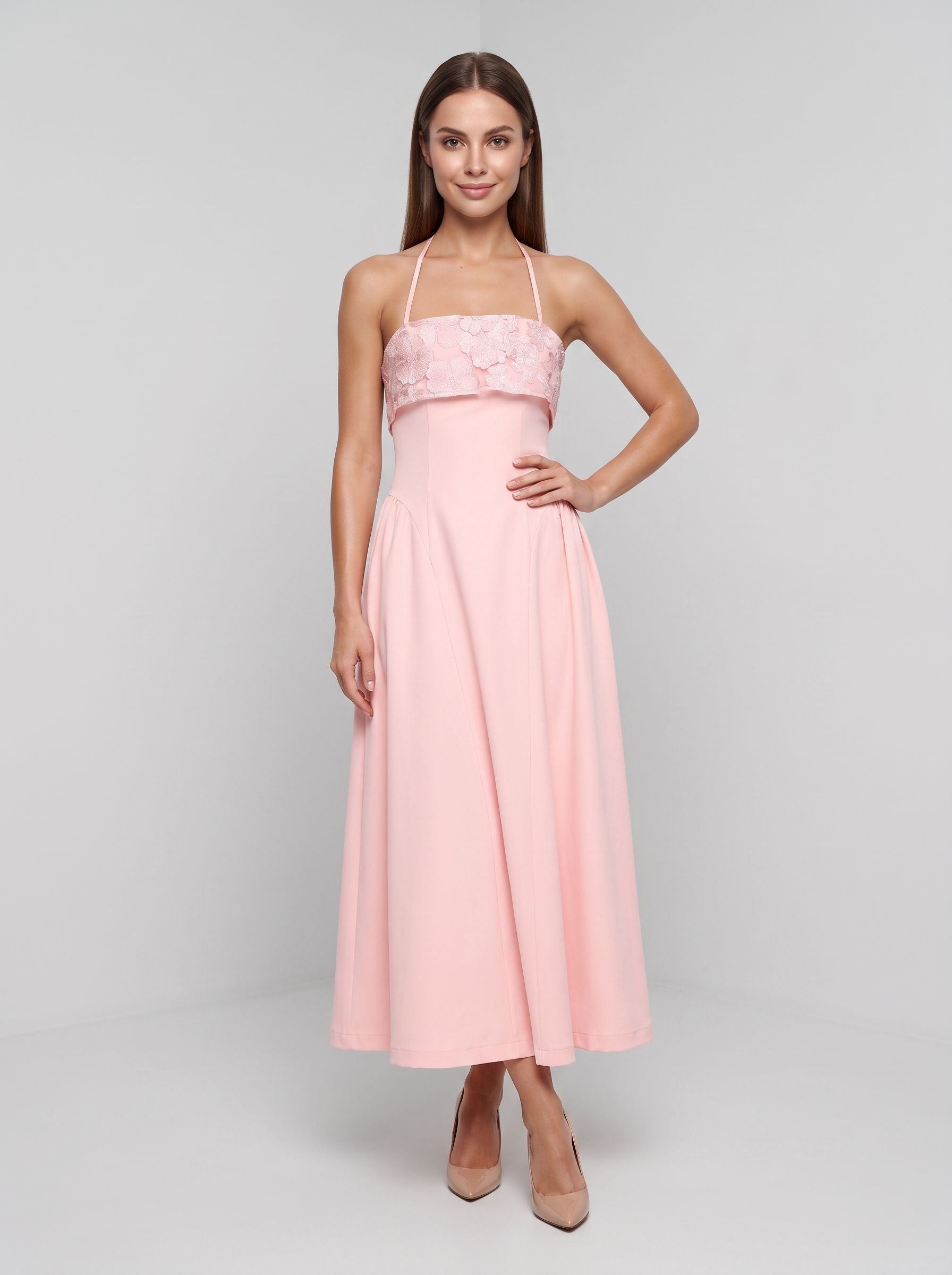 Blushing Pink Matte Satin A-Line Halter neckline Back Zip Floor-Length Dress with Foldover floral embroidered bust - Curvevia