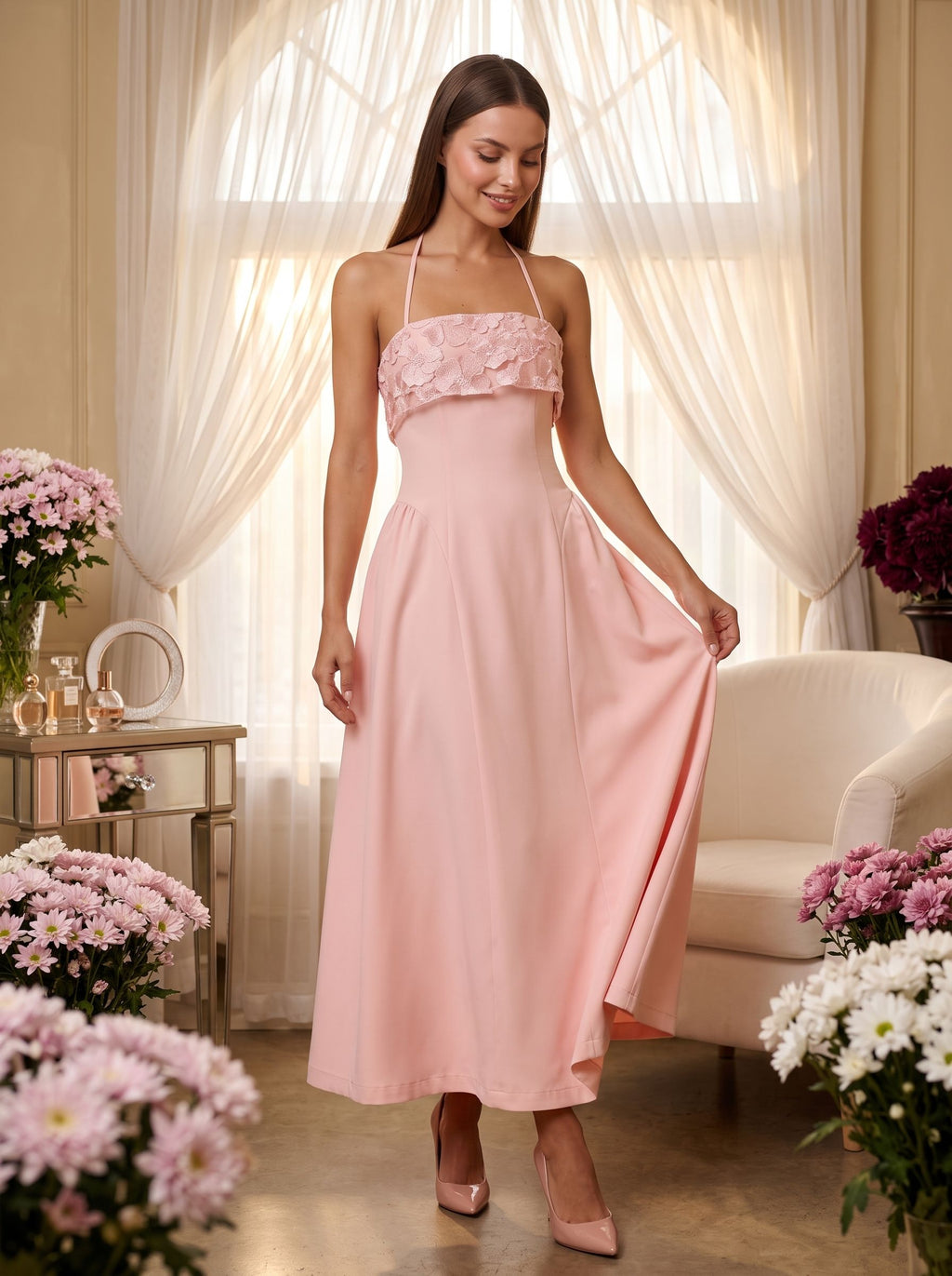 Blushing Pink Matte Satin A-Line Halter neckline Back Zip Floor-Length Dress with Foldover floral embroidered bust - Curvevia
