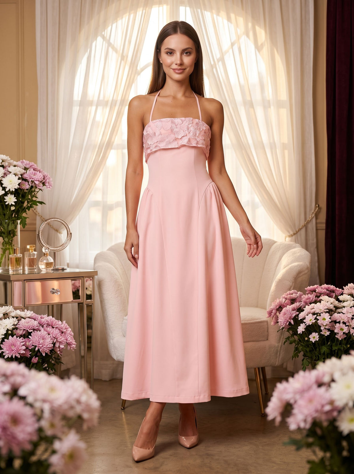 Blushing Pink Matte Satin A-Line Halter neckline Back Zip Floor-Length Dress with Foldover floral embroidered bust - Curvevia