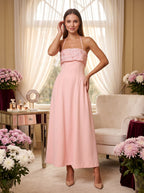 Blushing Pink Matte Satin A-Line Halter neckline Back Zip Floor-Length Dress with Foldover floral embroidered bust - Curvevia