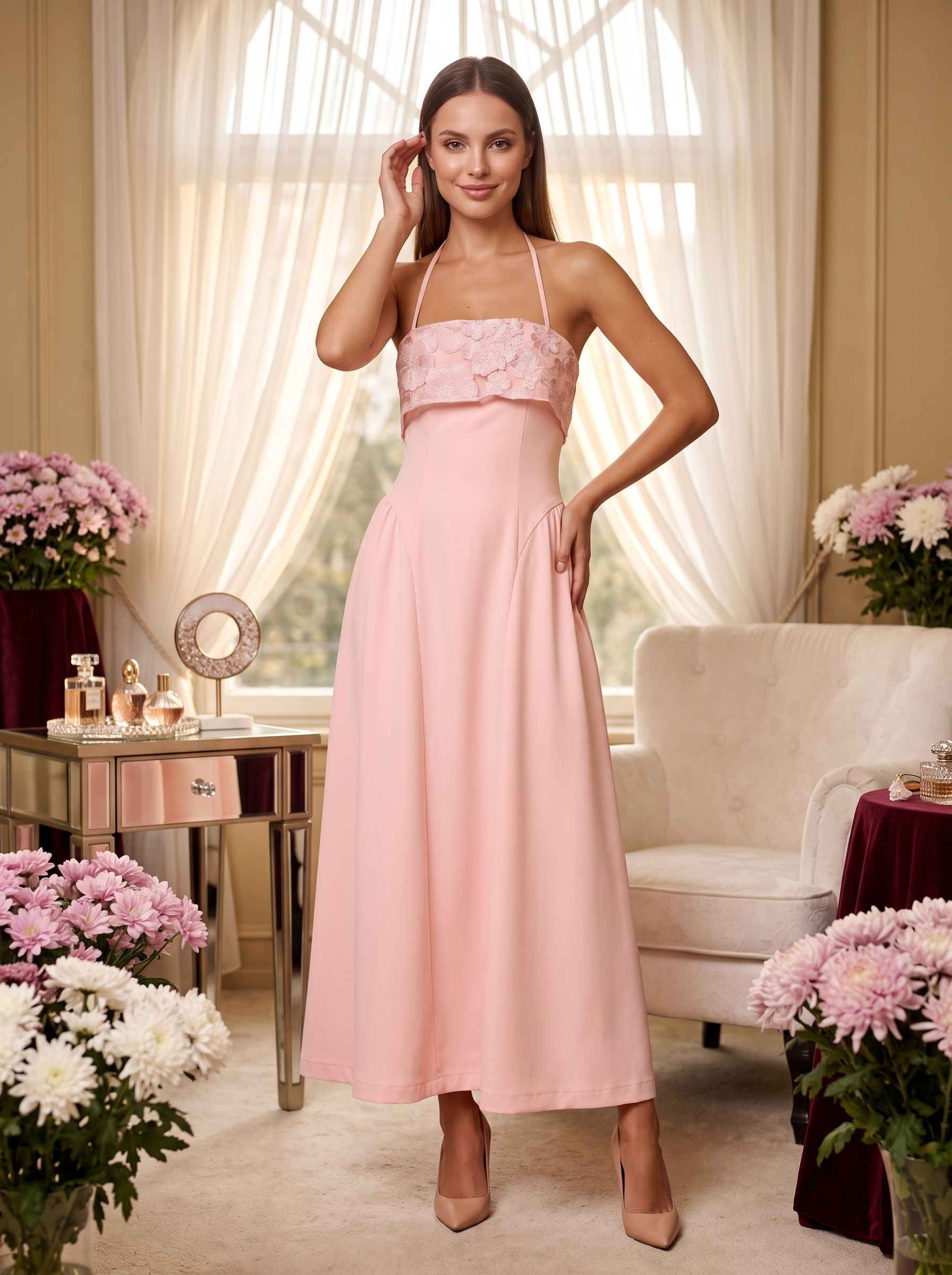 Blushing Pink Matte Satin A-Line Halter neckline Back Zip Floor-Length Dress with Foldover floral embroidered bust - Curvevia
