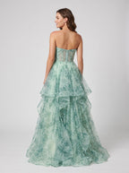 Green Floral Tulle A-Line Sweetheart Back Zip Floor-Length Dress with Tiered Ruffles and Rose - Curvevia