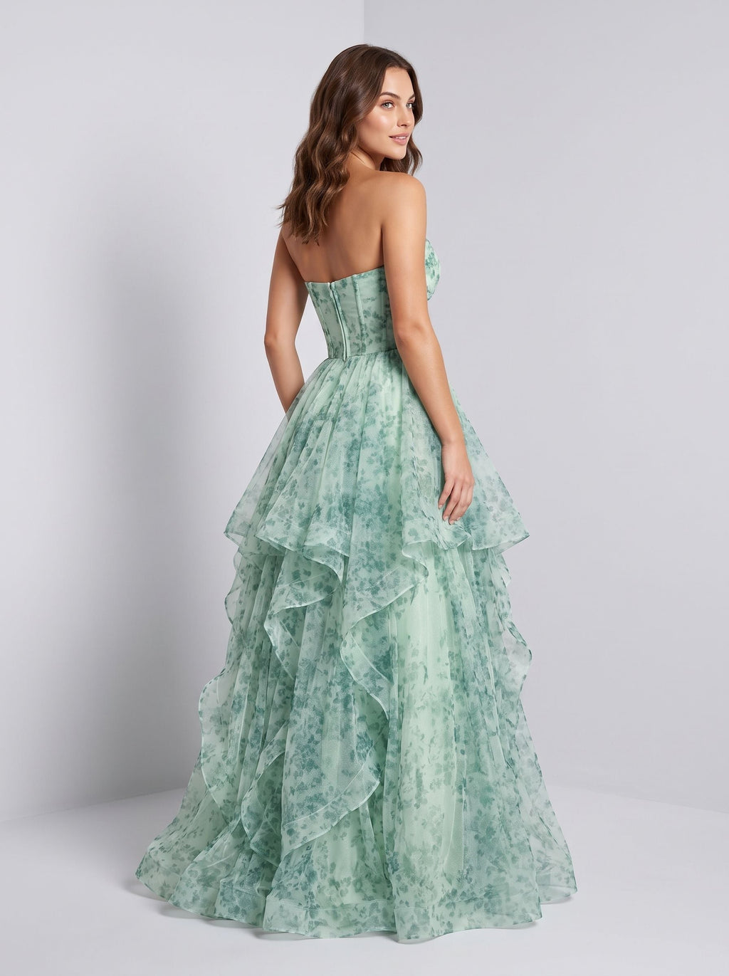 Green Floral Tulle A-Line Sweetheart Back Zip Floor-Length Dress with Tiered Ruffles and Rose - Curvevia