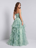 Green Floral Tulle A-Line Sweetheart Back Zip Floor-Length Dress with Tiered Ruffles and Rose - Curvevia