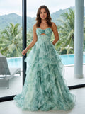 Green Floral Tulle A-Line Sweetheart Back Zip Floor-Length Dress with Tiered Ruffles and Rose - Curvevia