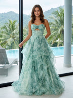 Green Floral Tulle A-Line Sweetheart Back Zip Floor-Length Dress with Tiered Ruffles and Rose - Curvevia
