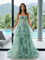 Green Floral Tulle A-Line Sweetheart Back Zip Floor-Length Dress with Tiered Ruffles and Rose - Curvevia