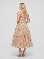 Blush Floral Tulle A-Line Scoop Neck Keyhole back Tea-Length with 3D Floral Appliques - Curvevia