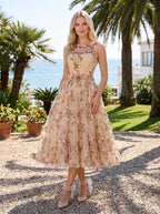 Blush Floral Tulle A-Line Scoop Neck Keyhole back Tea-Length with 3D Floral Appliques - Curvevia