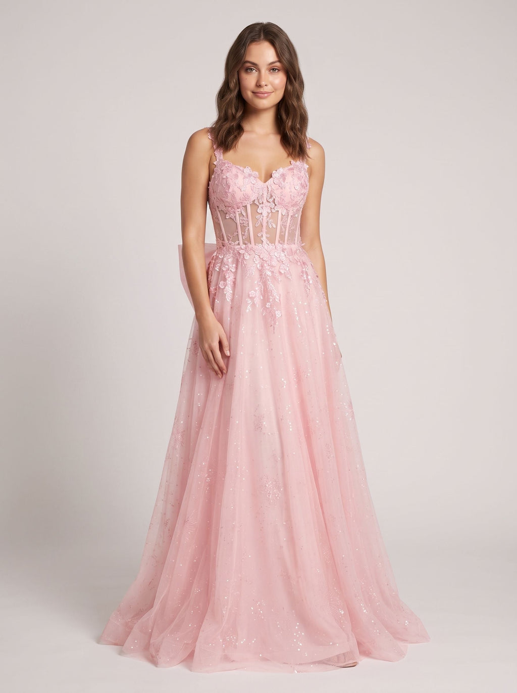 Blush Glitter Tulle A-Line Sweetheart Corset Back Floor-Length Dress with Sequined Embroidery - Curvevia