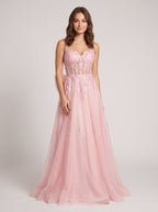 Blush Glitter Tulle A-Line Sweetheart Corset Back Floor-Length Dress with Sequined Embroidery - Curvevia