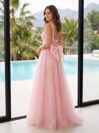 Blush Glitter Tulle A-Line Sweetheart Corset Back Floor-Length Dress with Sequined Embroidery - Curvevia