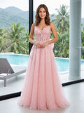 Blush Glitter Tulle A-Line Sweetheart Corset Back Floor-Length Dress with Sequined Embroidery - Curvevia