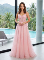 Blush Glitter Tulle A-Line Sweetheart Corset Back Floor-Length Dress with Sequined Embroidery - Curvevia
