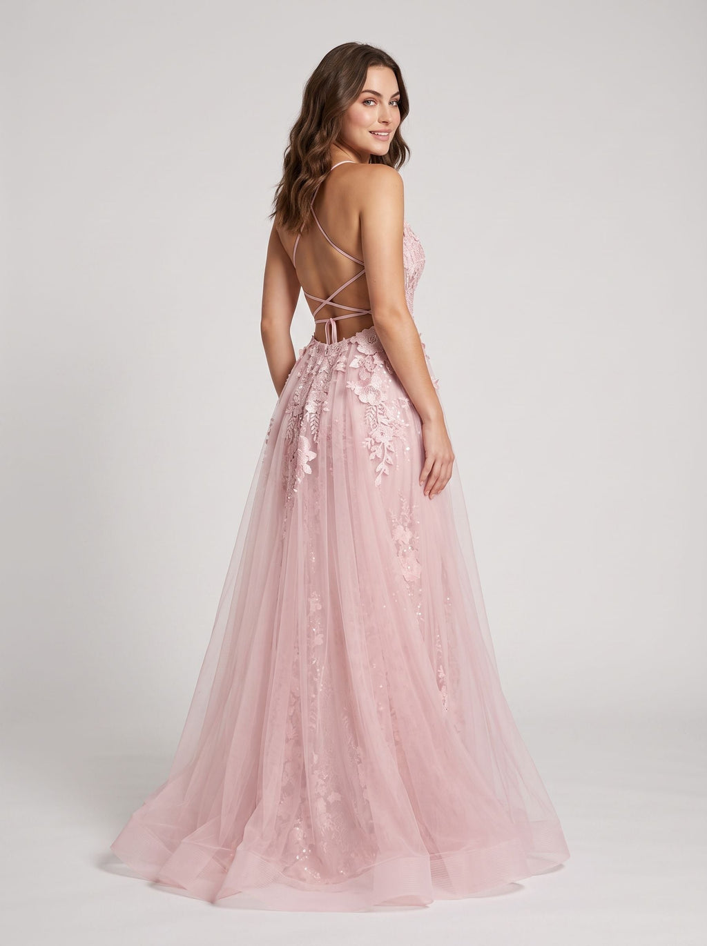 Blush Lace & Tulle A-Line V-Neck Backless Floor-Length Dress with Removable Overskirt - Curvevia