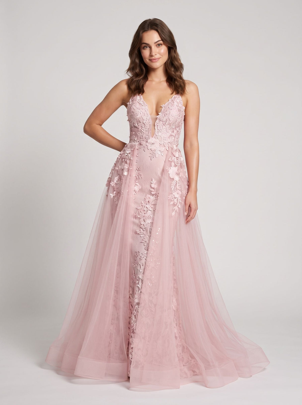 Blush Lace & Tulle A-Line V-Neck Backless Floor-Length Dress with Removable Overskirt - Curvevia