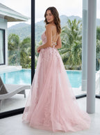 Blush Lace & Tulle A-Line V-Neck Backless Floor-Length Dress with Removable Overskirt - Curvevia