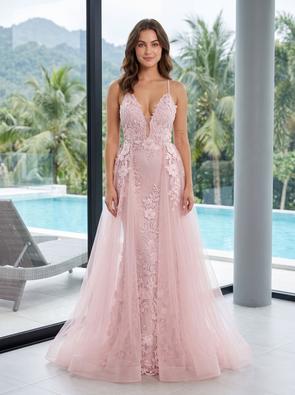 Blush Lace & Tulle A-Line V-Neck Backless Floor-Length Dress with Removable Overskirt - Curvevia