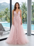 Blush Lace & Tulle A-Line V-Neck Backless Floor-Length Dress with Removable Overskirt - Curvevia