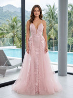 Blush Lace & Tulle A-Line V-Neck Backless Floor-Length Dress with Removable Overskirt - Curvevia