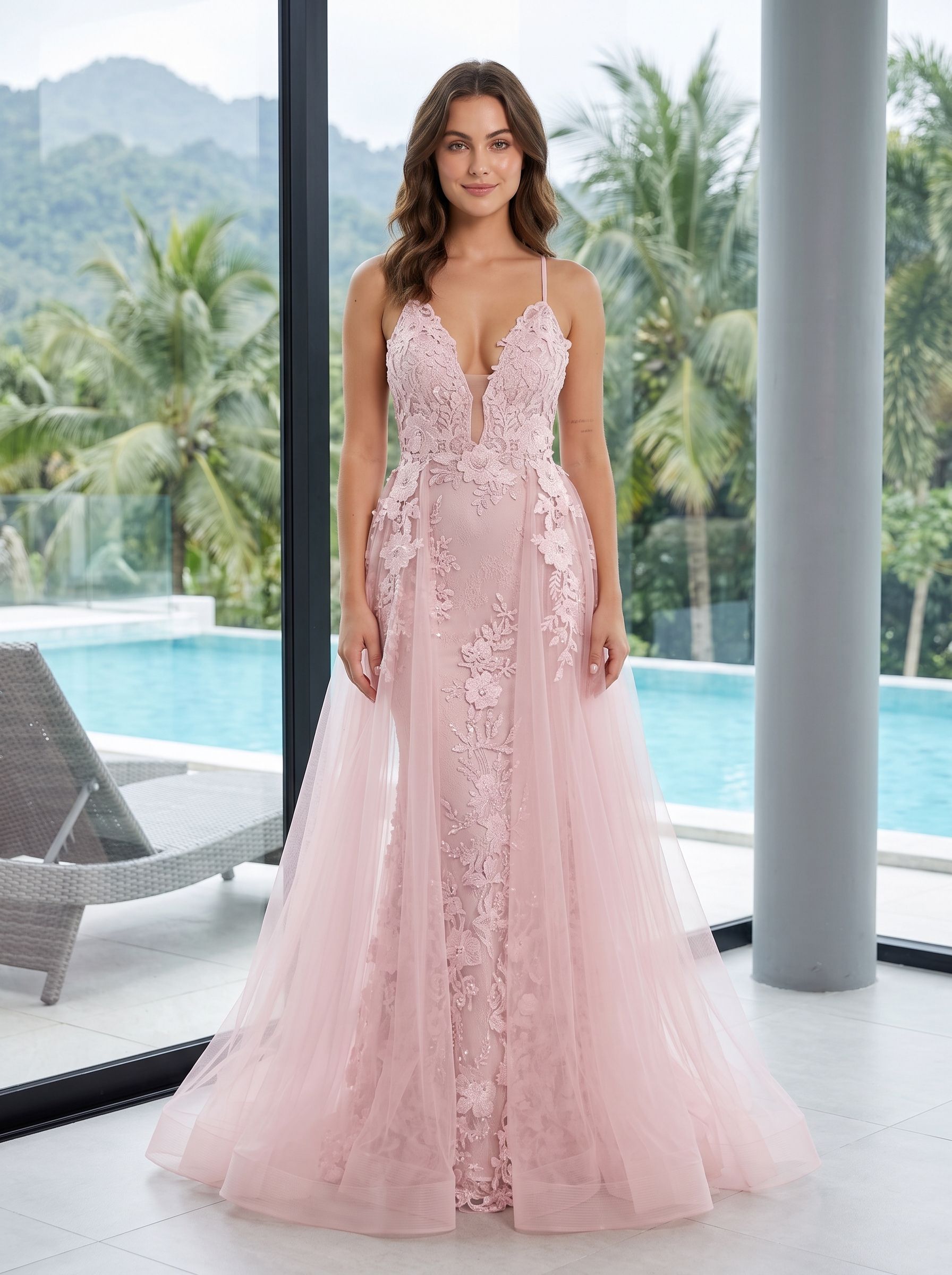 Blush Lace & Tulle A-Line V-Neck Backless Floor-Length Dress with Removable Overskirt - Curvevia