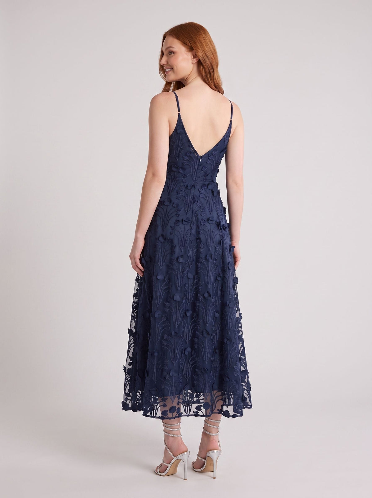 Navy Blue Lace A-Line V-Neck Back Zip Tea-Length with Built-in Bra - Curvevia