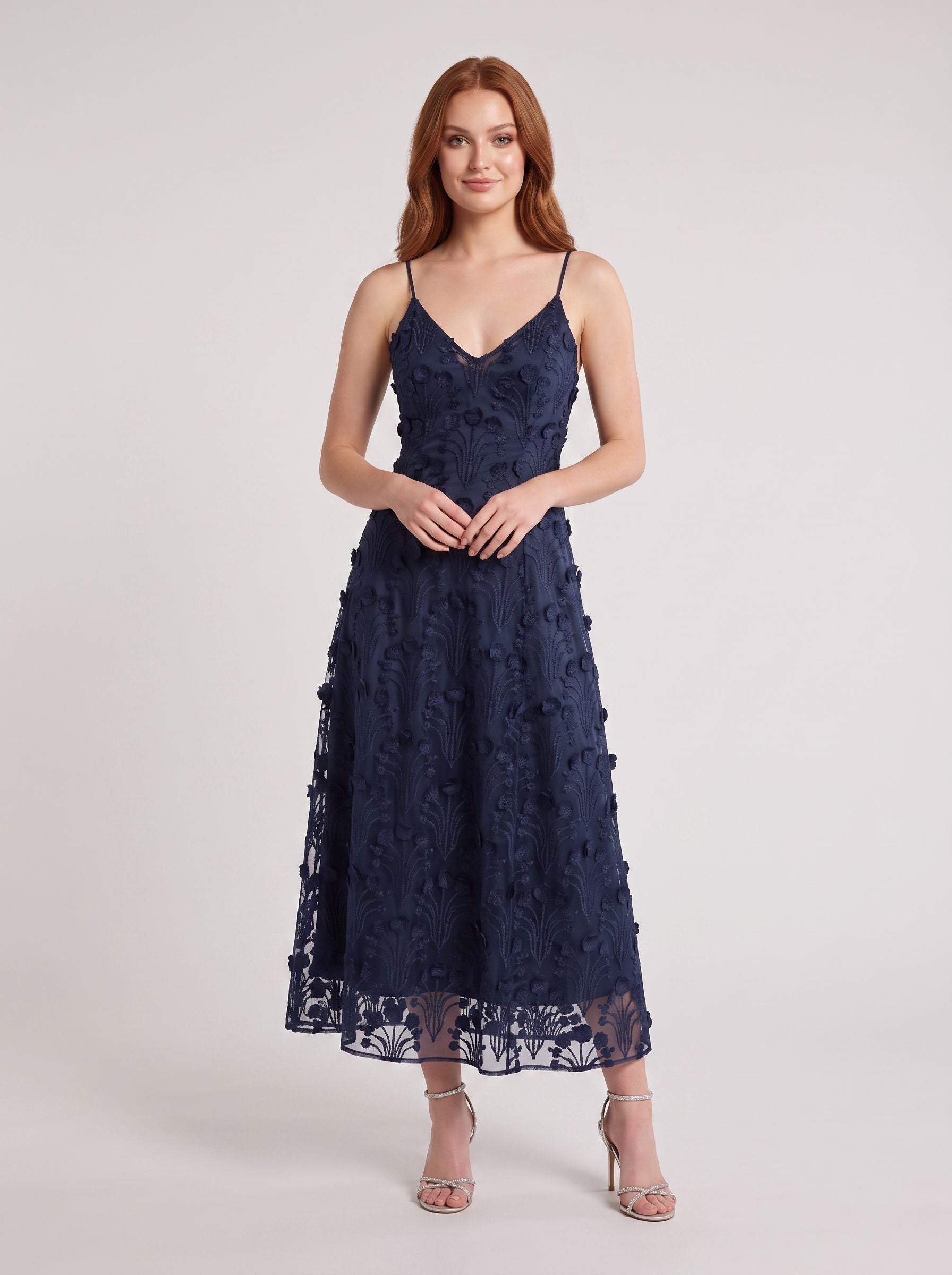 Navy Blue Lace A-Line V-Neck Back Zip Tea-Length with Built-in Bra - Curvevia