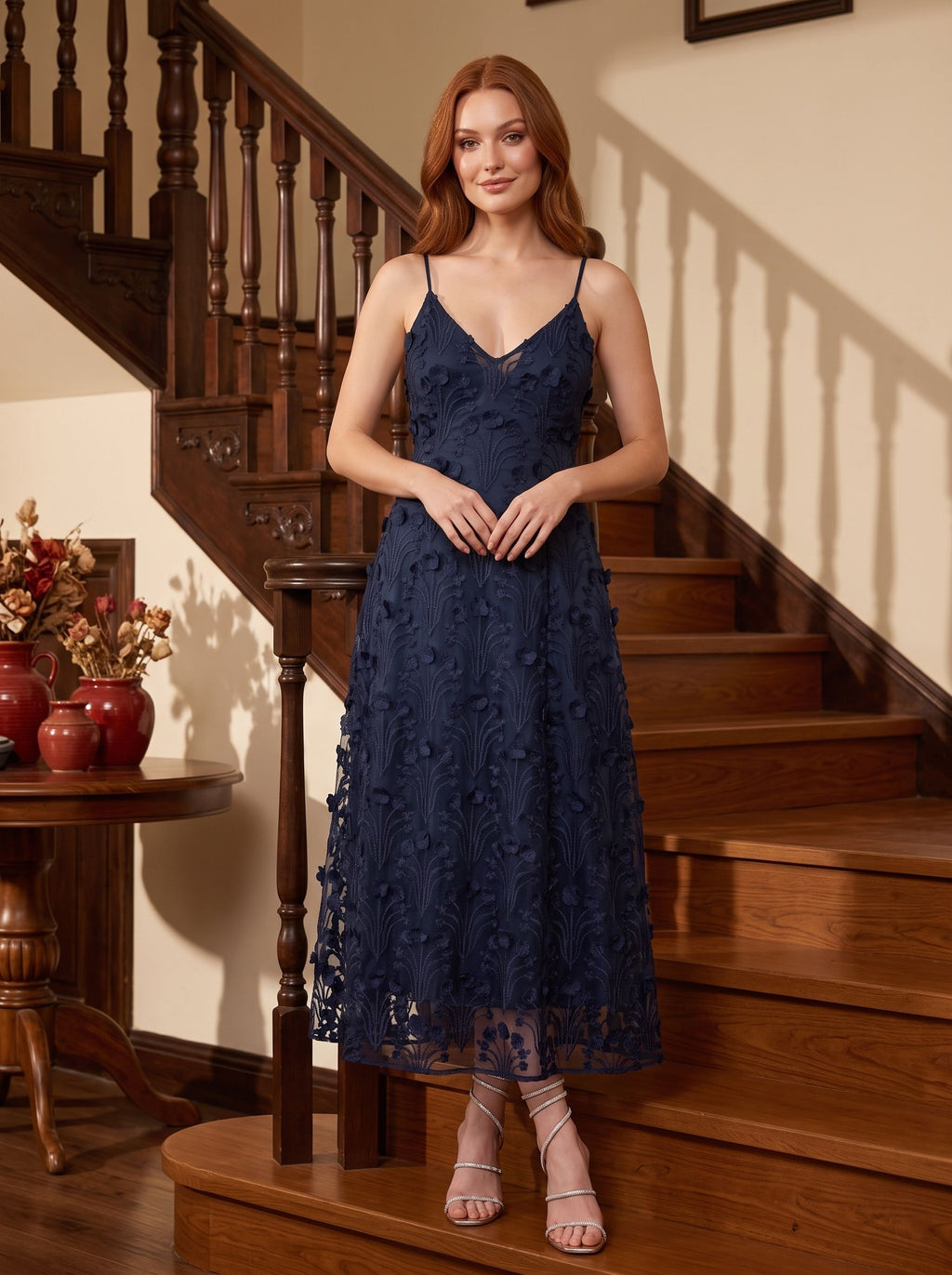 Navy Blue Lace A-Line V-Neck Back Zip Tea-Length with Built-in Bra - Curvevia