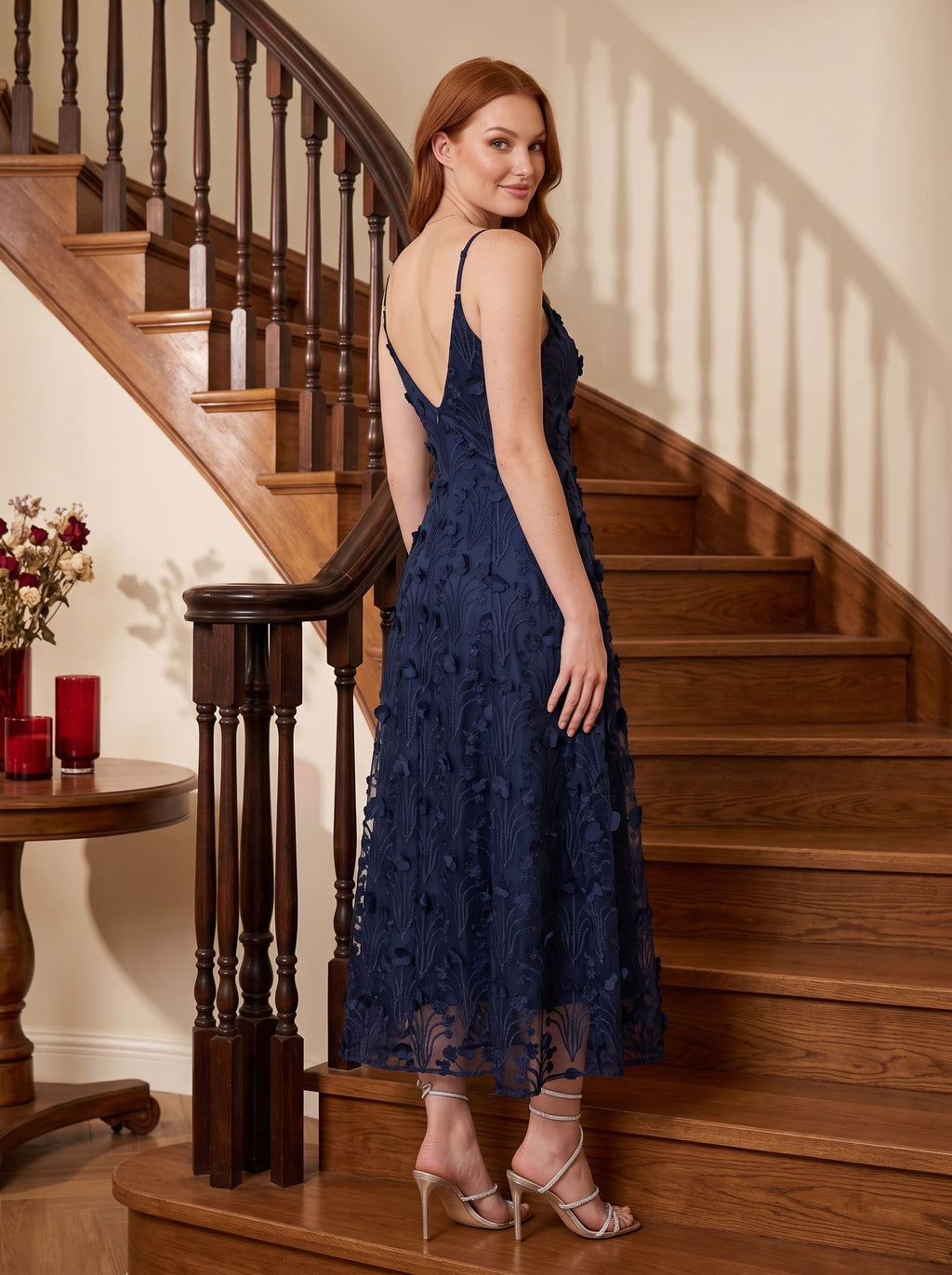 Navy Blue Lace A-Line V-Neck Back Zip Tea-Length with Built-in Bra - Curvevia