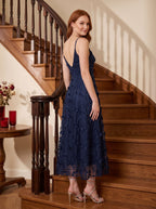 Navy Blue Lace A-Line V-Neck Back Zip Tea-Length with Built-in Bra - Curvevia