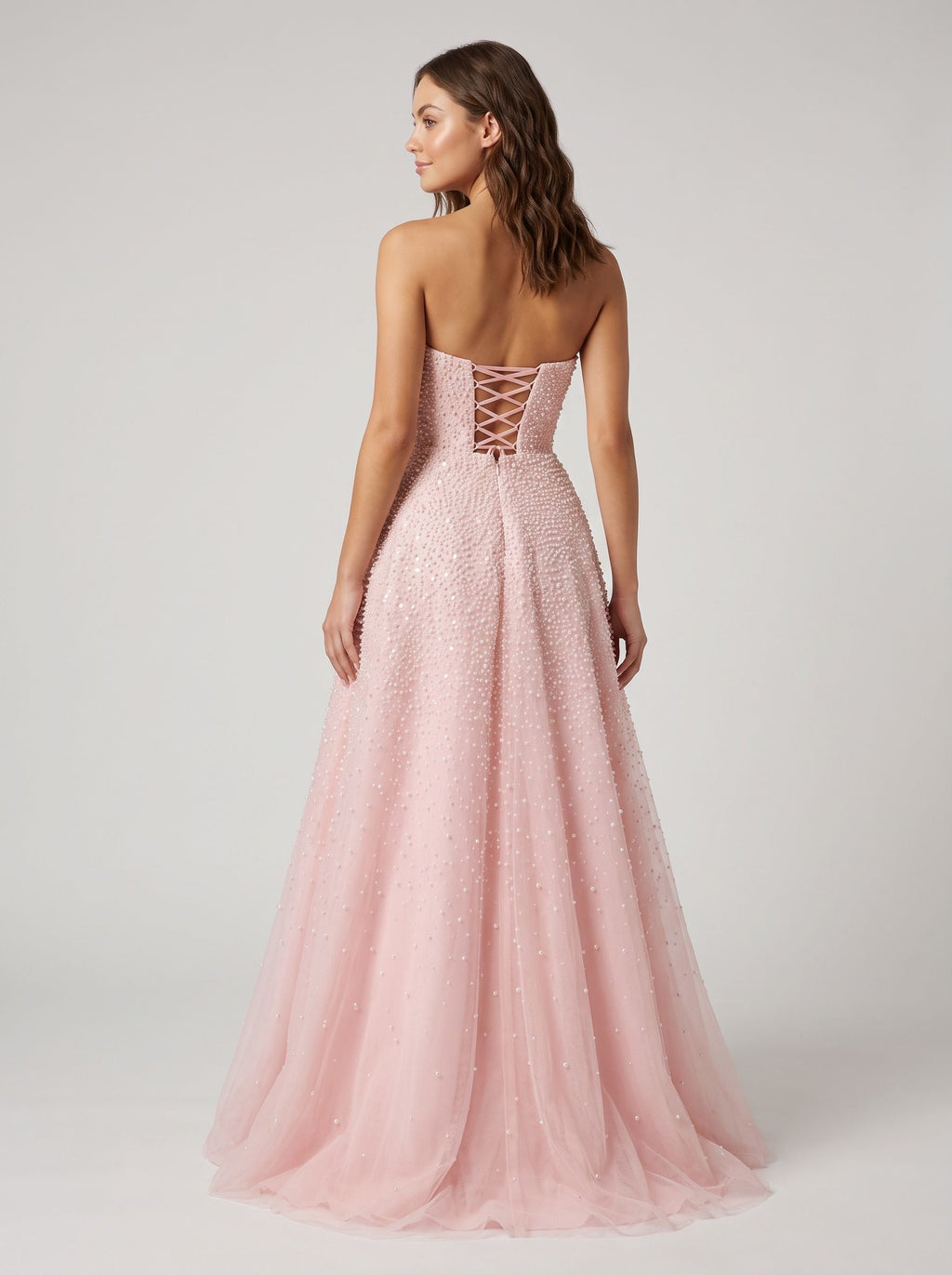 Blush Satin A-Line Straight Neck Corset Back Floor-Length Dress with Pearl Accents and Pockets - Curvevia