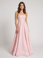 Blush Satin A-Line Straight Neck Corset Back Floor-Length Dress with Pearl Accents and Pockets - Curvevia